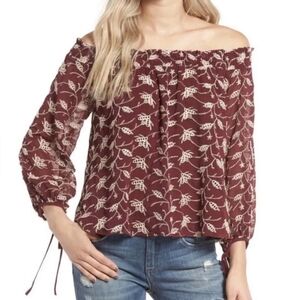 Astr the Label Womens Top Red Floral Embroidered 3/4 Sleeve Tie Detail